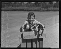 Dick Dunlap and piglets at the Los Angeles County Fair, Pomona, 1935