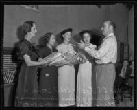Mrs. E. S. Fox, Ethel Stone, Delores Wray, Helene Henderson, and J. Arthur Lewis at choir rehearsal, Los Angeles, 1935