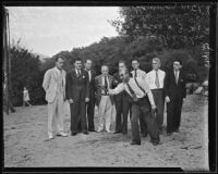 James M. Gammon, George Glick, Dr. Joseph Kinkade, Dr. Russell Decker, Phillip W. Allen, Dr. W.B. LaForce, John McDonald Pfiffner, Eddie Rich, and Stanley Miller play some horseshoes at Griffith Park, Los Angeles, 1935
