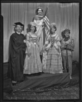 Joseph Tomes, Betty Stewart, Jean Burt, Helen Carson, and Patrick McGeehan dressed in costume to celebrate Constitution Day, Los Angeles, 1935