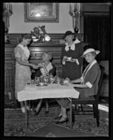 Evadne and Helen Meyler, Katherine Gibbon, and Alice Burr enjoy tea, Los Angeles, 1935