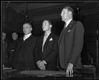 Attorneys J. G. Porter and Ellery Cuff stand with Leroy Drake as he receives a life sentence, Los Angeles, 1935