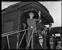 President Franklin D. Roosevelt  and Eleanor Roosevelt greet a crowd from the back of the presidential train at Central Station, Los Angeles, 1935