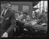 President Roosevelt, Eleanor Roosevelt and mayor Frank Shaw in a car at Central Station, Los Angeles, 1935