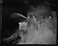 Firefighters battle flames at W. E. Bockmon Pottery and Tile Company, Los Angeles, 1935