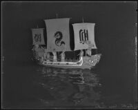 Illuminated boat during San Pedro's annual Fiesta, 1935