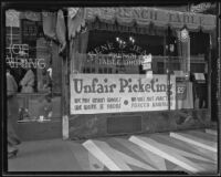 Image of French restaurant and unfair picketing banner in Downtown, Los Angeles, 1935
