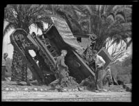 Totaled mechanical crane in aftermath of collision with locomotive, Claremont, 1936