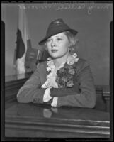 Mary Carlisle, actress, testifies at her automobile injury trial, Los Angeles, 1935
