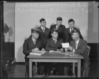 New officers of the American Legion Commander J. B. Adams, Vice-Commander Charles Hendricks, Finance Officer A. E. Len, Chaplain Lee E. Sherwood, and Sergeant-at-Arms S. Jensen, Los Angeles, 1935