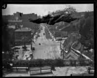 Bird's-eye view of downtown from top of Hill St. Tunnel, Los Angeles, circa 1921-1923