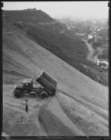 Barrier construction at Mulholland Dam, Hollywood (Los Angeles), 1933