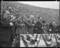 Governor Frank Merriam, Seth Howard, and William Jennings Bryan Jr. display patriotism, Los Angeles, 1934