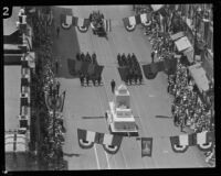 Los Angeles Fire Department float featuring a replica of the city hall during dedication, Los Angeles, 1928