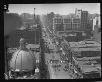 City Hall dedication parade marches along Broadway, Los Angeles, 1928