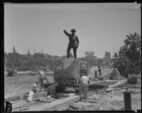 Statue of Harrison Gray Otis moved to new location in MacArthur Park, Los Angeles, 1934