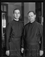Loyola University president Father Hugh M. Duce with new dean of studies Rev. James J. Lyons, Los Angeles, 1935