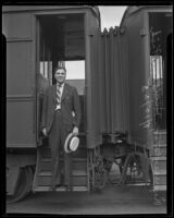Republican representative Hamilton Fish upon arriving by train, Los Angeles, 1935
