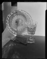 Fork and cut glass-type plate and goblet photographed for Sunkist, 1937