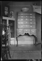 Dining room with highboy chest of drawers in the Arroyo Seco house of Olive Percival, Los Angeles, 1900-1944