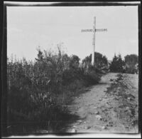 Railroad crossing sign in Olive Percival's Arroyo Seco neighborhood, Los Angeles, 1898-1899