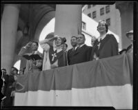 Aimee Semple McPherson, Mayor Frank Shaw, and Rheba Crawford, Los Angeles, 1936