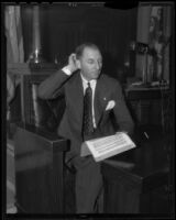 Buron Fitts testifying at his own perjury trial, Los Angeles, 1936