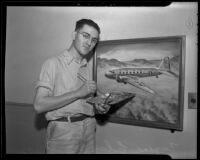 Claremont artist and stockroom assistant Eugene Clay finishes an oil painting in the chemistry laboratory of Pomona College, Claremont, 1936