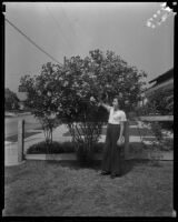 Woman beside flowering shrub in a front yard, Los Angeles, 1936