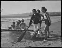 Manuel Mecarte, Regina Atwood and 5 other women at a beach with his boat, Philippine Tango, Los Angeles, 1936
