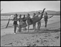 Manuel Mecarte, Regina Atwood and 5 other women at a beach with his outrigger canoe, Philippine Tango, Los Angeles, 1936