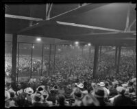Right-hand shot of a panoramic trio of photographs of Wrigley Field during a boxing match, Los Angeles, 1936