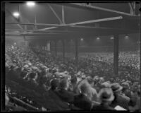 Left-hand shot of a panoramic trio of photographs of Wrigley Field during a boxing match, Los Angeles, 1936