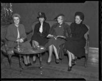 Pan Pipers of the Assistance League Eleanor Anderson McCoy, Mrs. Bohn Barrington, and Helen Gabellini welcome Marion Talley, Los Angeles, 1936