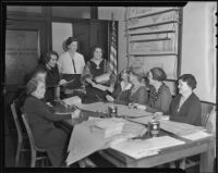 Republican women of Southern California: Leone G. Plum, Mrs. L. H. Ayres, Alta Sanders, Dorothy M. Arnold, Louise Ward Watkins, Mrs. W. B. Reynolds, Helen Officer, Ethel M. Leavens and Mrs. Nil Coons, obtain voter registrations, Los Angeles, 1936
