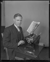 U.S.C. track athlete Foy Draper at a typewriter, Los Angeles, 1936