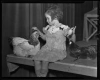 Barbara Coburn and two chickens, Los Angeles, 1936