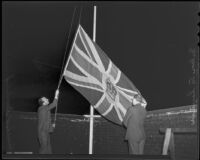 Nelson M Saunders and Marshall Garland lower the British flag to honor King George V, Los Angeles, 1936