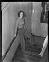 Helen Hulick, who appeared in court to testify in the burglary of her home, wears pants, which the judge presiding over her case objected to, Los Angeles, 1938