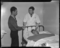 Jacob Gross shakes hands with Dr. A. D. Trotter for saving his wife, Mildred Gross, Los Angeles, 1938