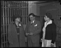 Sheriff Gene Biscailuz congratulates Veda Sullivan Russell and Clara L. Spence, Los Angeles, 1938