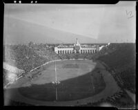 Marching band on the field at the Los Angeles Memorial Coliseum, Los Angeles, 1938