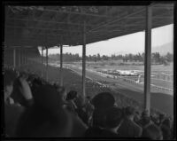 Grandstand view of horse race at Santa Anita Park, Arcadia, 1938
