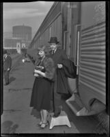 Newlyweds Sally Clark and George X. McLanahan prepare to go on their honeymoon, Los Angeles, 1938