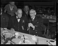 Civil war veterans Russel C. Martin and Darwin Wolcott enjoy Christmas dinner at Patriotic Hall, Los Angeles, 1938