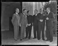 Lawrence C. Murphy, Dr. Jack Loop, Father De Prada, Mayor Albert Grieb, and Hugo Norin at San Gabriel Mission, San Gabriel, 1938