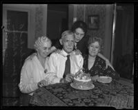 Anthony Lovell celebrates 100th birthday with daughters Bessie Spohr, Jean Philbin, and Mary Murray, Los Angeles, 1938