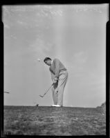Golfer Lawson Little on a golf course, probably at the Los Angeles Open tournament in Griffith Park, Los Angeles, 1939
