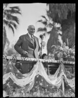 Governor Frank Merriam speaks at gymnasium dedication, Whittier, 1934