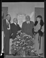 Gymnasium dedication attended by E. J. Milne, Dr. J. M. Toner, Governor Frank Merriam, and Mrs. Oliver C. Bryant, Whittier, 1934